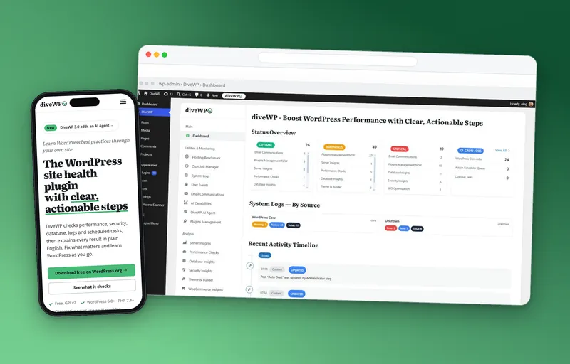 Таблото на WordPress плъгина DiveWP и сайтът divewp.com на телефон