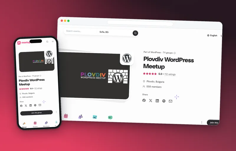 Страницата на групата Plovdiv WordPress Meetup в Meetup.com на компютър и телефон