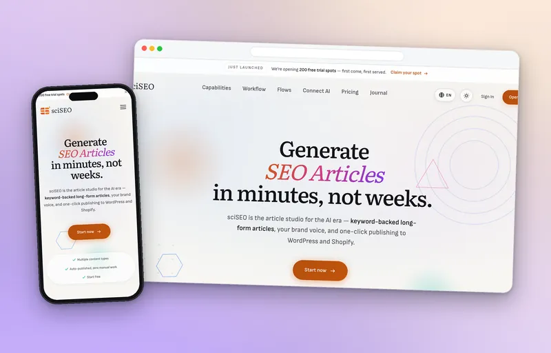 Началната страница на sciSEO (sciseo.com), AI студио за SEO статии, на компютър и телефон